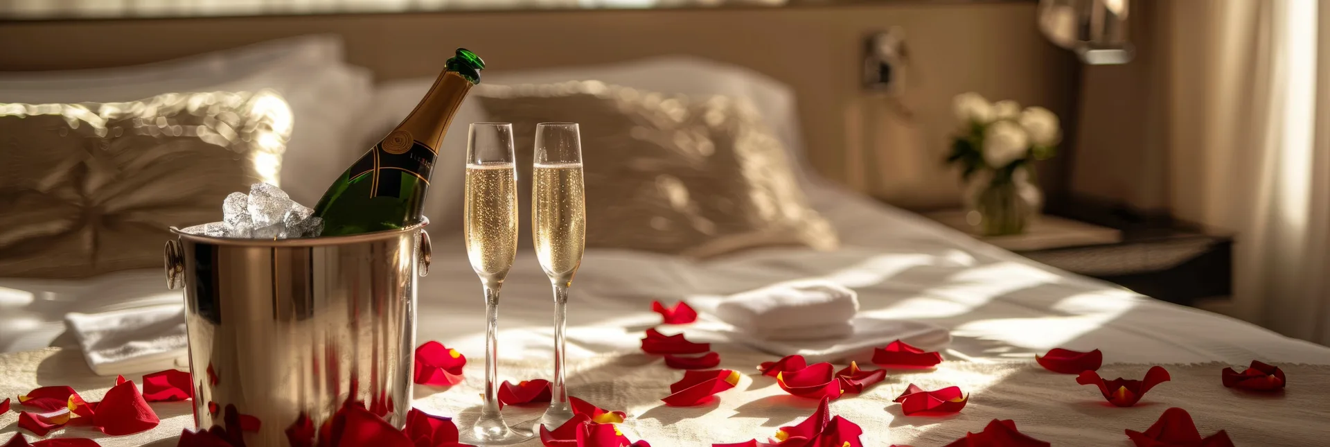Romantic hotel room with champagne and rose petals